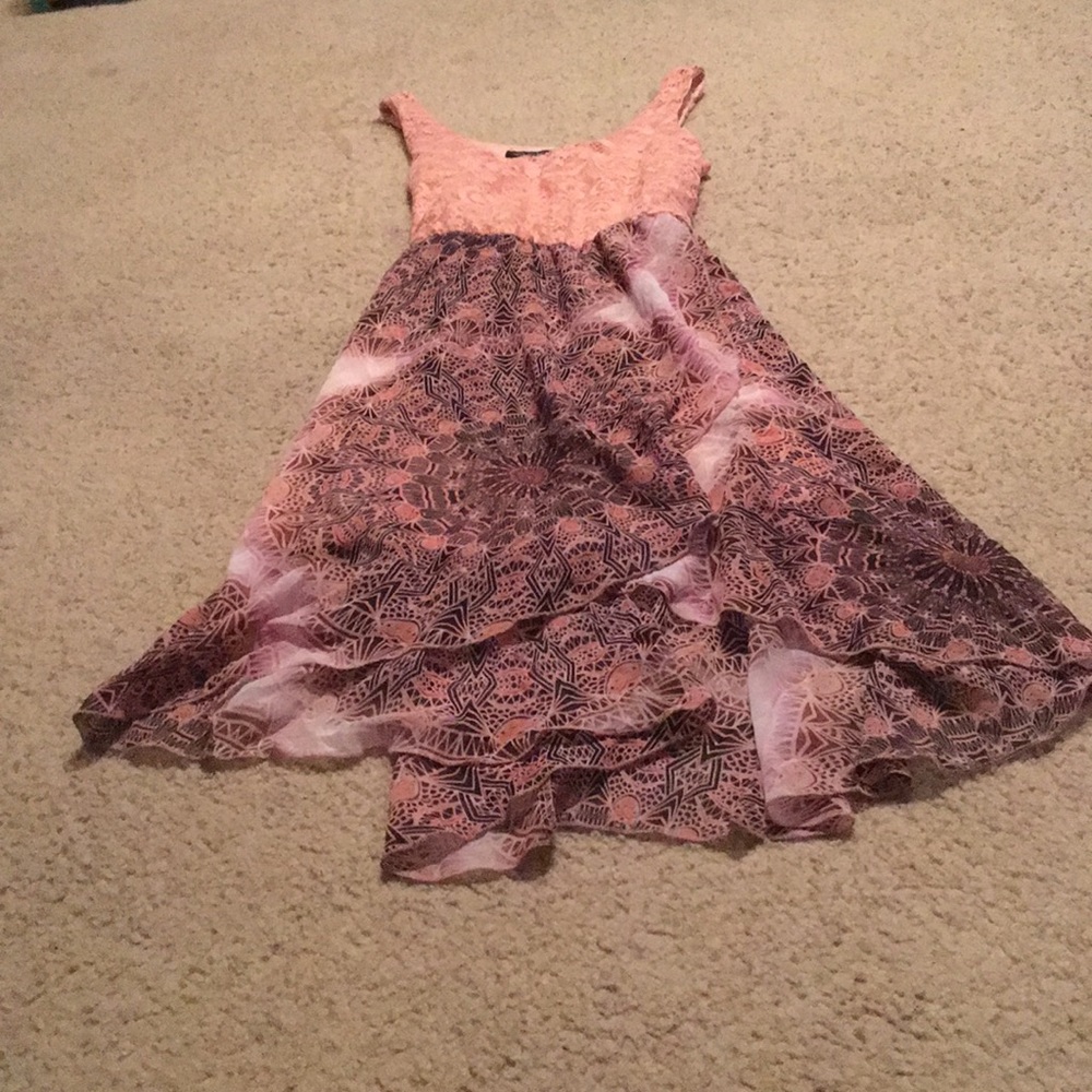 Multi colored high low dress. Brown belt
